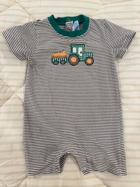 Striped Tractor Short-Sleeve One-Piece Romper - Green Trim